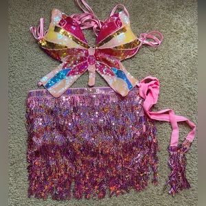 Cute two piece costume sparkly dance skirt and rhinestone top with lace up back